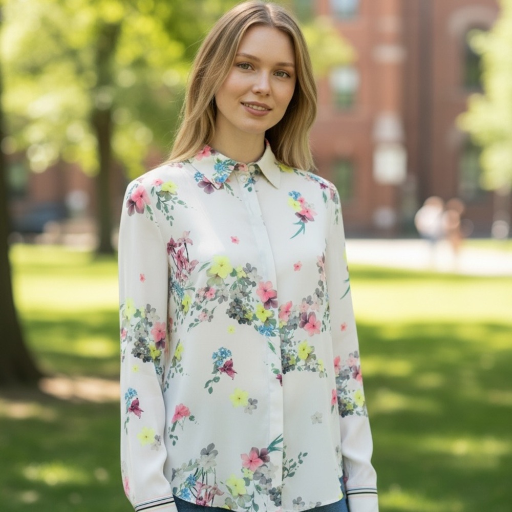 Ted Baker London Floral Button-Down Blouse in White with Pastel Flowers